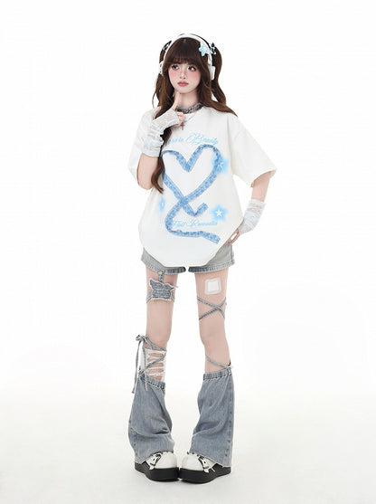 Design Armwear Free Heart-shaped Lace White/Light Blue T-Shirt with