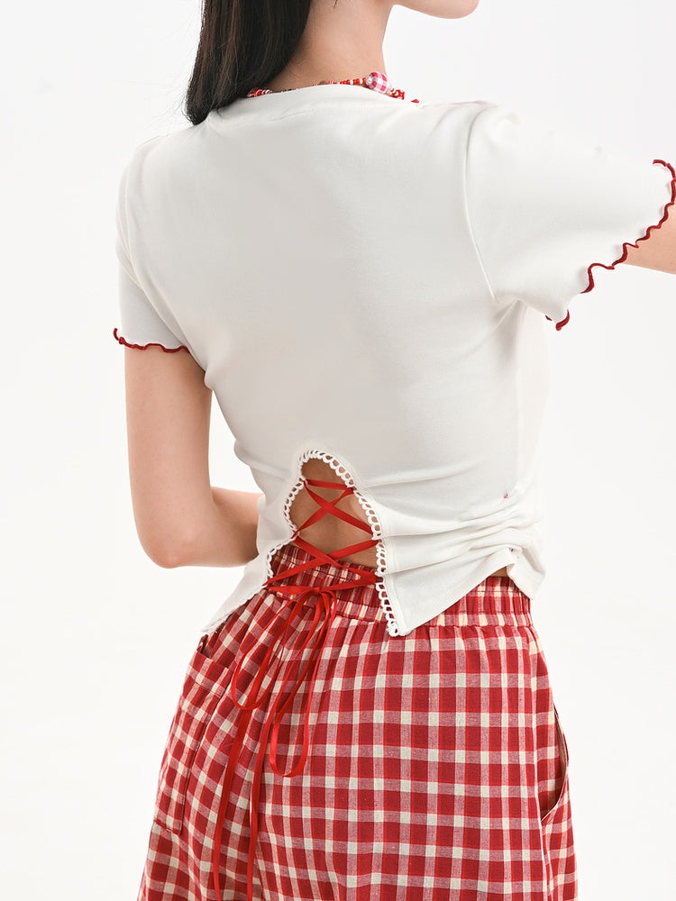 Lace-up Back Plush Kitty Lettuce Hem White T-Shirt
