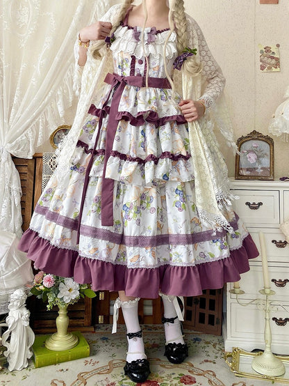 Lolita Ruffle and Ice Cream Purple Skirt Tiered Blueberry Dress Print Trimming