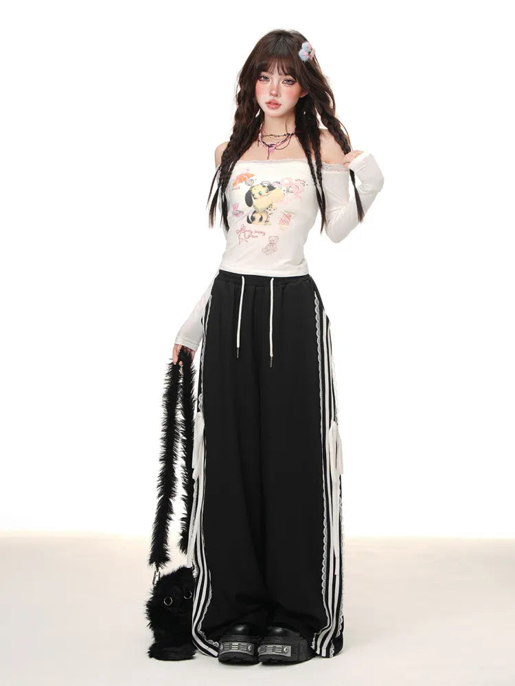 Black Lace Trim Wide-leg Cut Blokette Core Pants