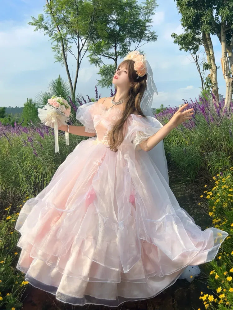 Hanayome Verfügbares rosafarbenes baskisches Taillen-Schnürkleid, wunderschönes Hime-Kleid in Übergrößen