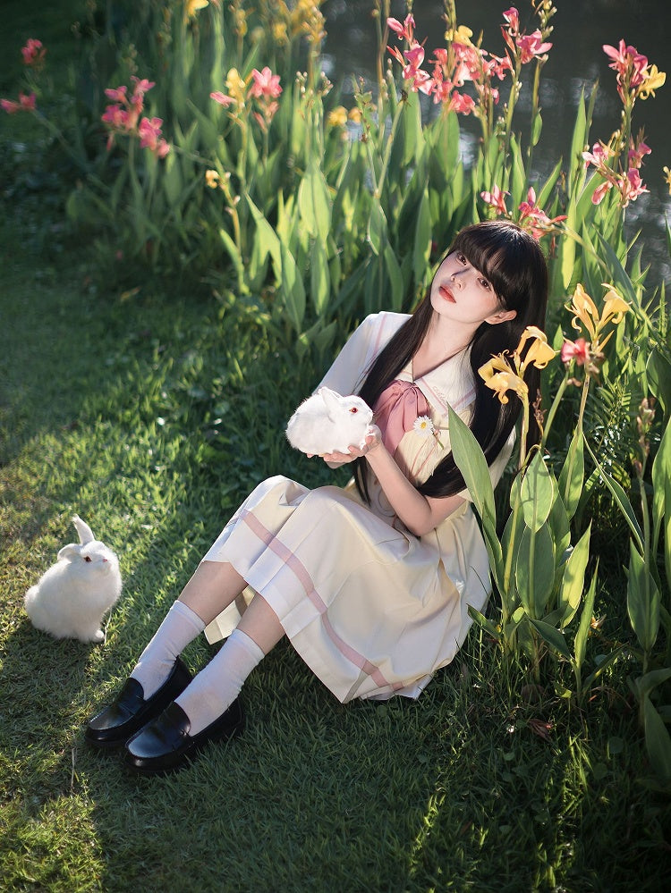with Pleat Box Sailor Yellow Milk Waist Dress Skirt Collar Belt