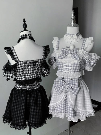 Off-the-shoulder Choker Bowknot+ Design Bunny Waist Plaid Idol High Neckline Skirt+ Set- Ears + Top Jirai Kei Black