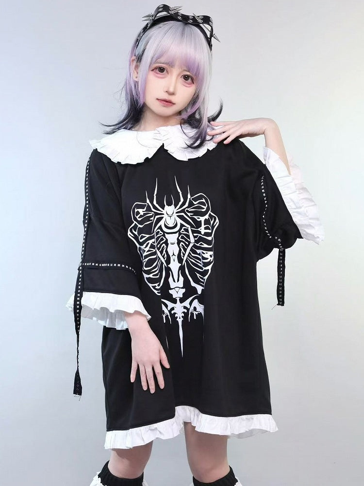 Trim Kei Ruffles Insect Decorated Pan Peter Leg With Jirai Print Studs Collar T-shirt Black Warmers