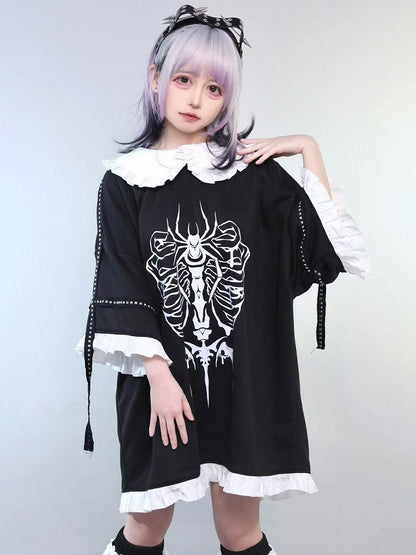 Trim Kei Ruffles Insect Decorated Pan Peter Leg With Jirai Print Studs Collar T-shirt Black Warmers