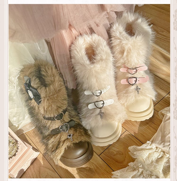 Black Heart-shaped Buckle Bow Shaggy Boots