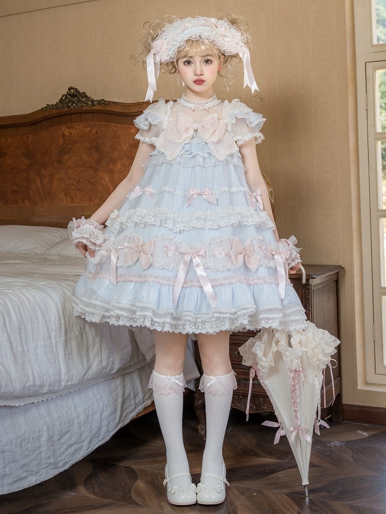 Gestreiftes Schleifenmuster Süß verziertes Kleid Lolita Blau Rosa
