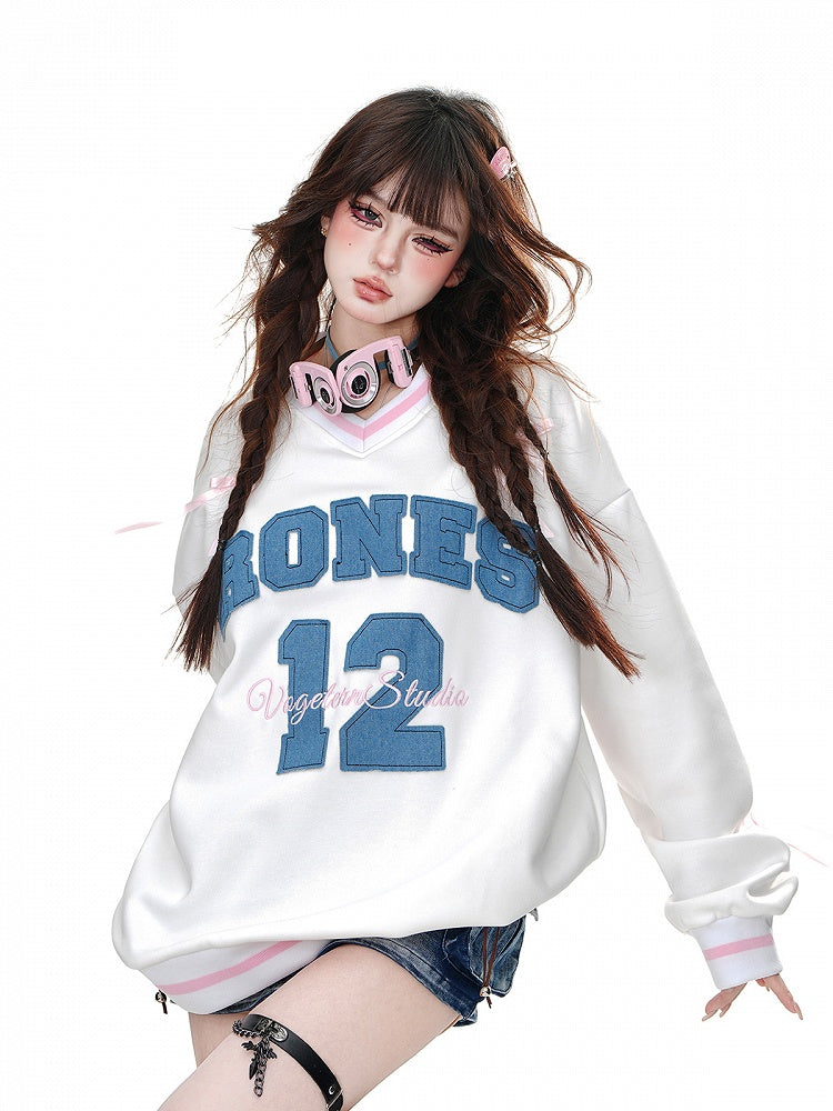 Black/White V-Neck Number Appliques Bowknots Loose Sweatshirt
