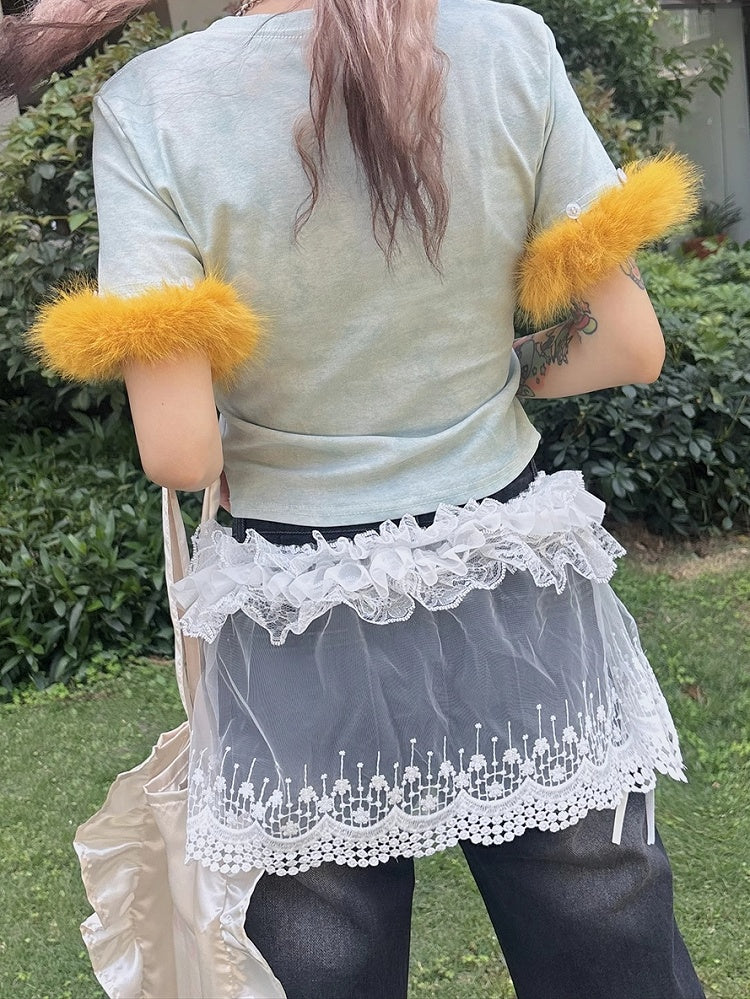Bittersweet Embroidered White Y2K Cuff Trim Pants Floral Sheer Lace Accessory Ruffled