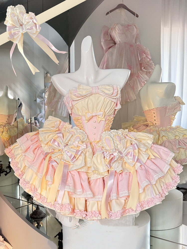 and Boned Ear Bowknot Waist Basque with Pink Skirt Dress Bunny Puffy on Sweet Yellow Design
