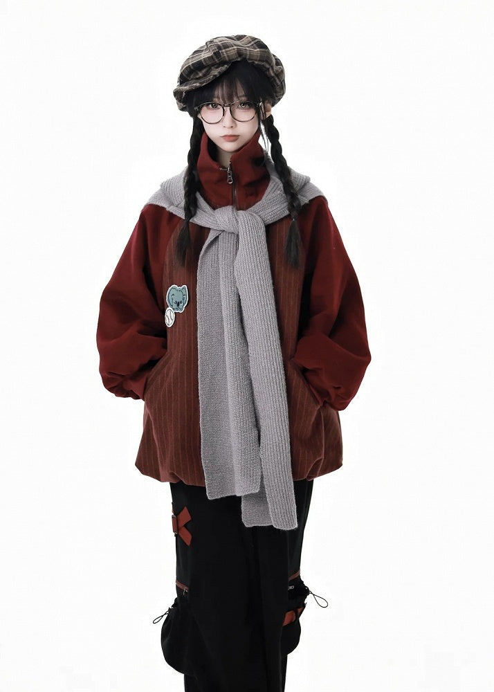 Wine Red High Neck Koala Applique Bubble Hem Striped Coat