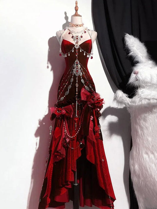 Robe de soirée sirène dos nu en velours rouge/noir