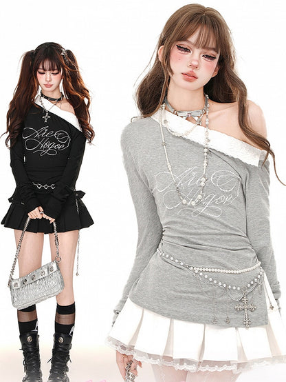 Grey/Black Asymmetrical Neckline Side Slit Long Sleeves Top