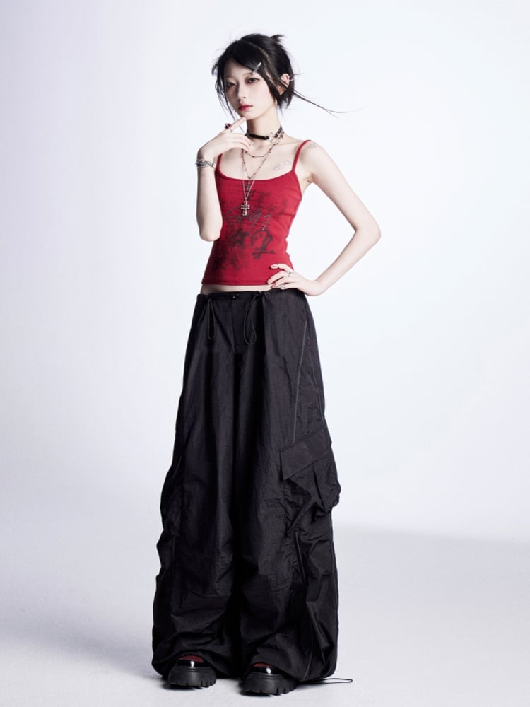 Wide-Leg Cargo Pants Waist Drawstring Cuffs Vintage Black	Low