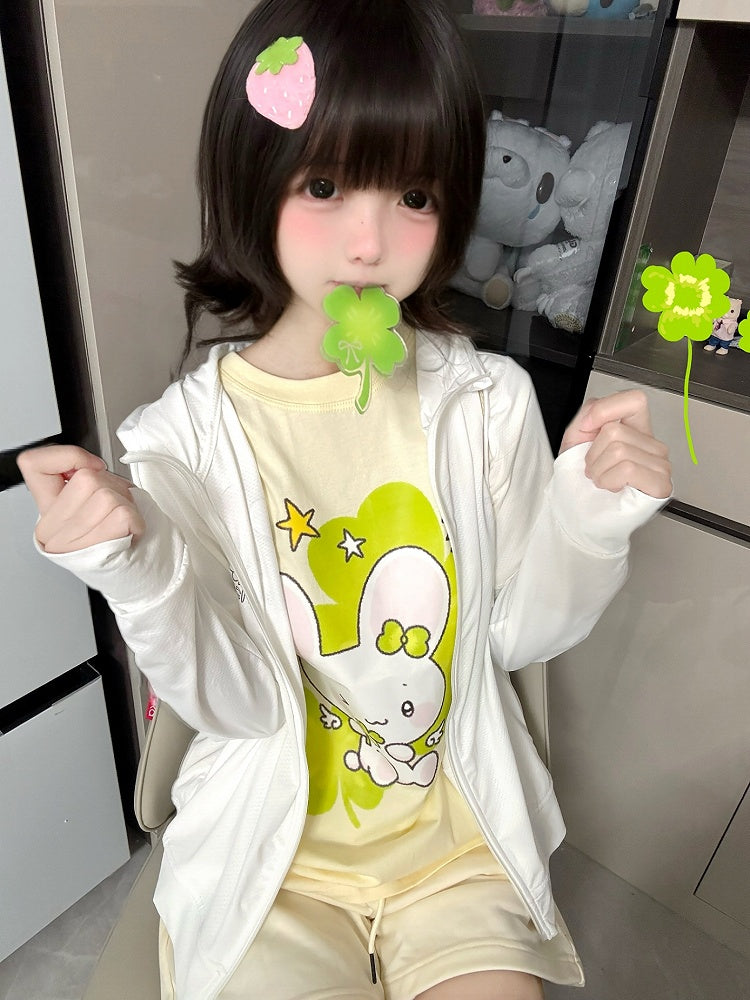 Four Lucky Cotton T-shirt Leaf Clover and Bunny Print Apricot