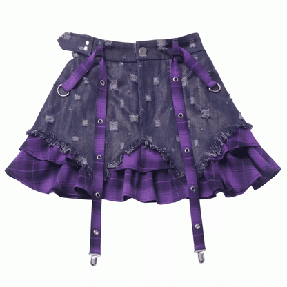 Purple Y2K Dye Denim Skirt Tie Plaid Hem Distressed Holes