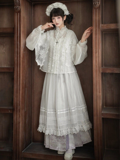 Long Skirt Floral Sleeves Purple + Lolita Print Han Horse-face and Light Blouse White Set Full Snake