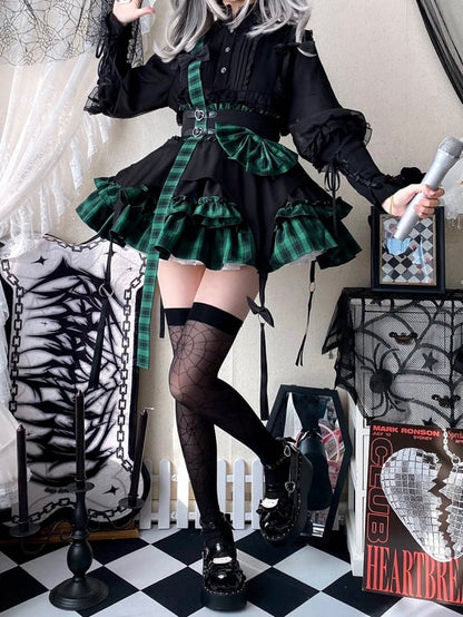 Black and Green Plaid Pattern Punk Idol Skirt with Straps