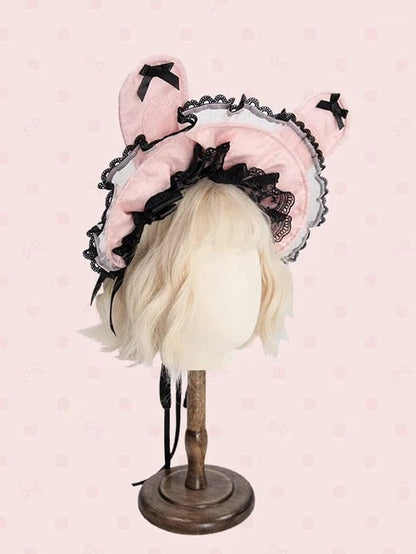 Bunny Pink and White/Black Bonnet Ears