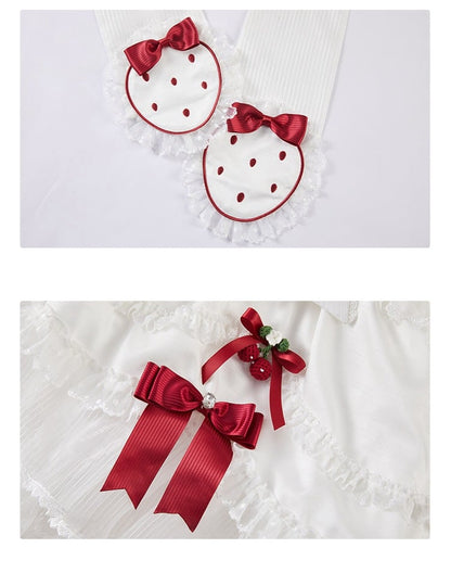 White Strawberry Princess Layered Ruffle Dress Sweet Lolita Jumper Skirt with Detachable Puff Sleeves