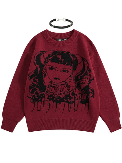 Wine Red/Black Y2K Girl Pattern Sweater with Free Choker