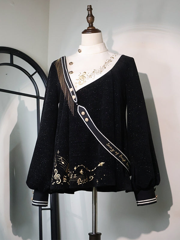 Black Ouji Glittering Waffle Top with Music Notes and Fringe Sash