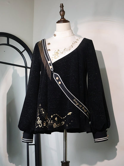 Black Ouji Glittering Waffle Top with Music Notes and Fringe Sash