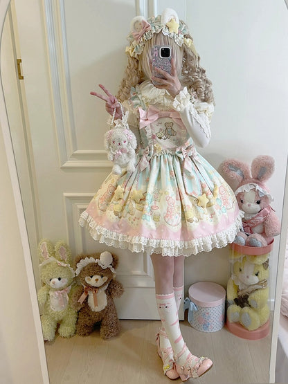 Pink and Green Teddy Print Sweet Lolita Jumper Skirt