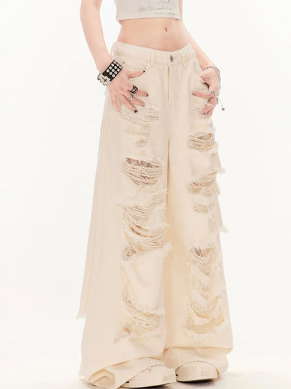 Wide-Leg Jeans Wasteland Apricot Low Waist Distressed Holes Punk