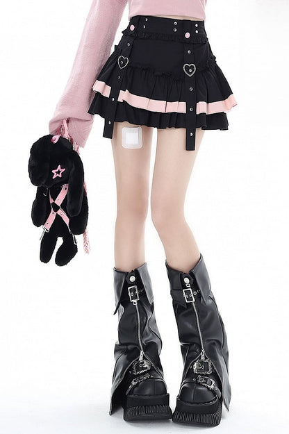 Black Pink Ruffles Tiered Mini and Skirt