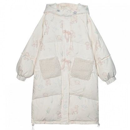 Cute Lamb Print White Hooded Down Jacket Short/Long Version