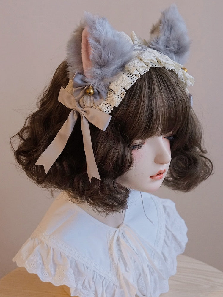 Ear Trim Hairband Lace Fox Bowknot Grey Details Bell Decorated