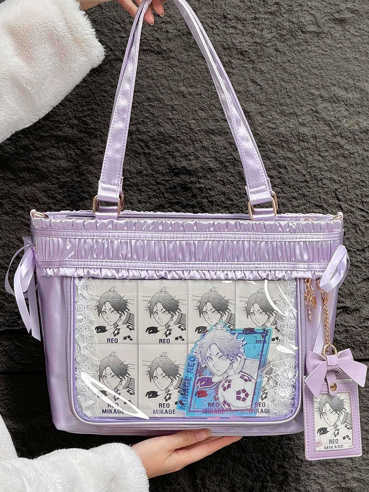 Ita Bag Ruffled Ribbon Bow Large Capacity Tote Purple Trim