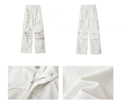 Punk White Streetwear Wide Leg Cargo Jeans