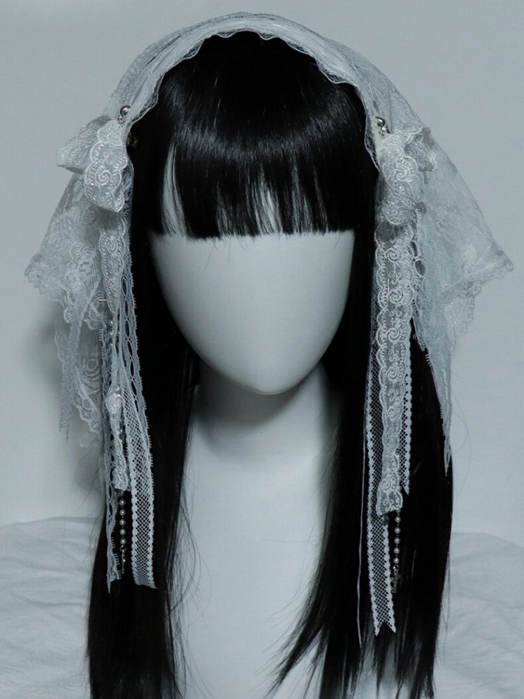 Cross Veil Hairband And Black/White Lace Floral Charm Details Bowknot