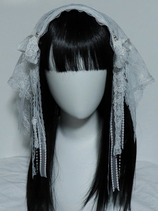 Cross Veil Hairband And Black/White Lace Floral Charm Details Bowknot