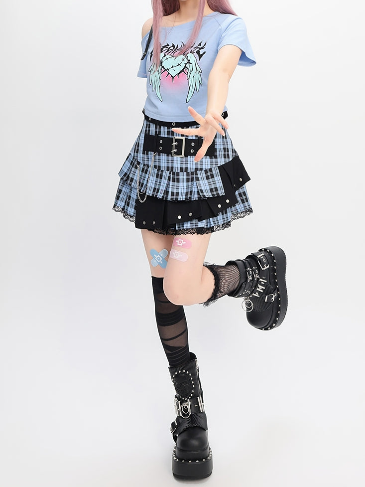 Y2K Light Blue Buckle Strap Tiered Plaid Skirt