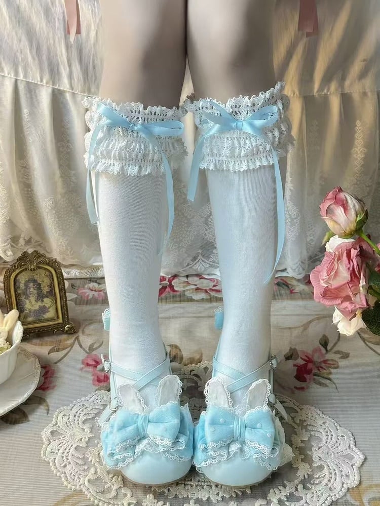 Lace-Trimmed 6 Options Sweet Color Bow Ribbon Stockings