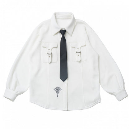 White Snake Buckle Strap Pockets Shirt with Free Tie