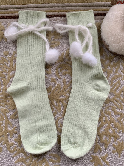 Khaki/Red/White/Grey/Green Cute Calf Socks With Pompons