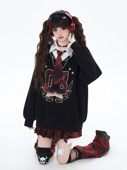 Black Preppy Faux Two-pieces Loose Sweatshirt with Red Plaid Tie
