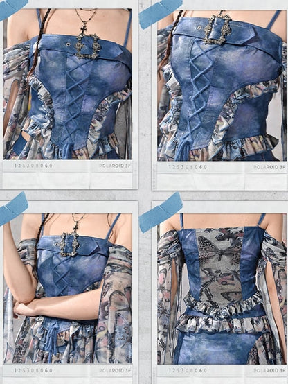 Grunge Punk Rock Fairycore Blue Butterflies Mesh Patchwork Top Flounce Hem