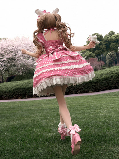Ears Square Pattern Dress Bunny Polka Dots Lolita Neckline Pink Plush Sweet Dark