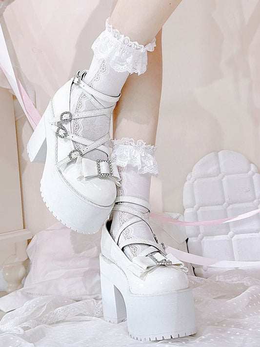 Polished White Jirai Kei Rhinestone Bowknot Landmine Style Platform Shoes