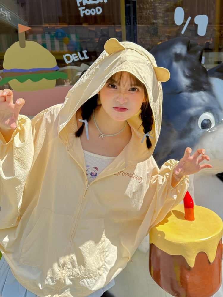 Jacket Sun Protection Drawstring Yellow Marmot Ear Design Hood Hem