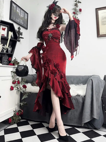 Flounce Sleeves Gown Mermaid Dress Rosette Evening Detachable with Red Burgundy