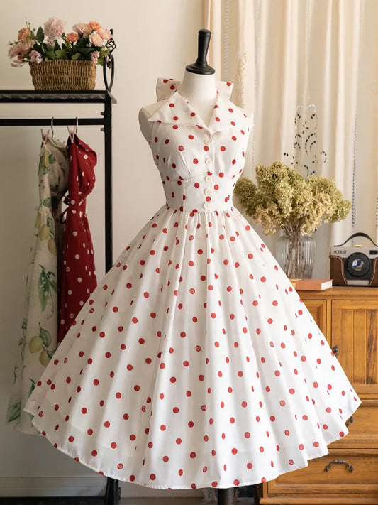 Pattern Polka Dress Dots Bow Halter Big Fashion Retro Print Backless Back Neck