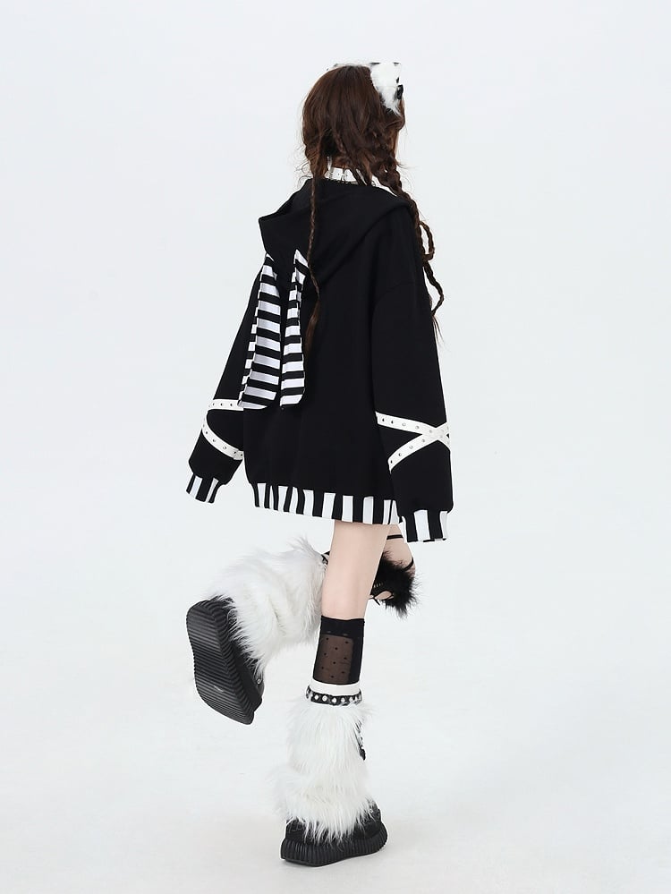 Black White Striped Bunny Ear Zip Hoodie