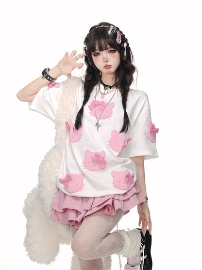 White/Pink Bowknot T-shirt Pattern Cute Kitty