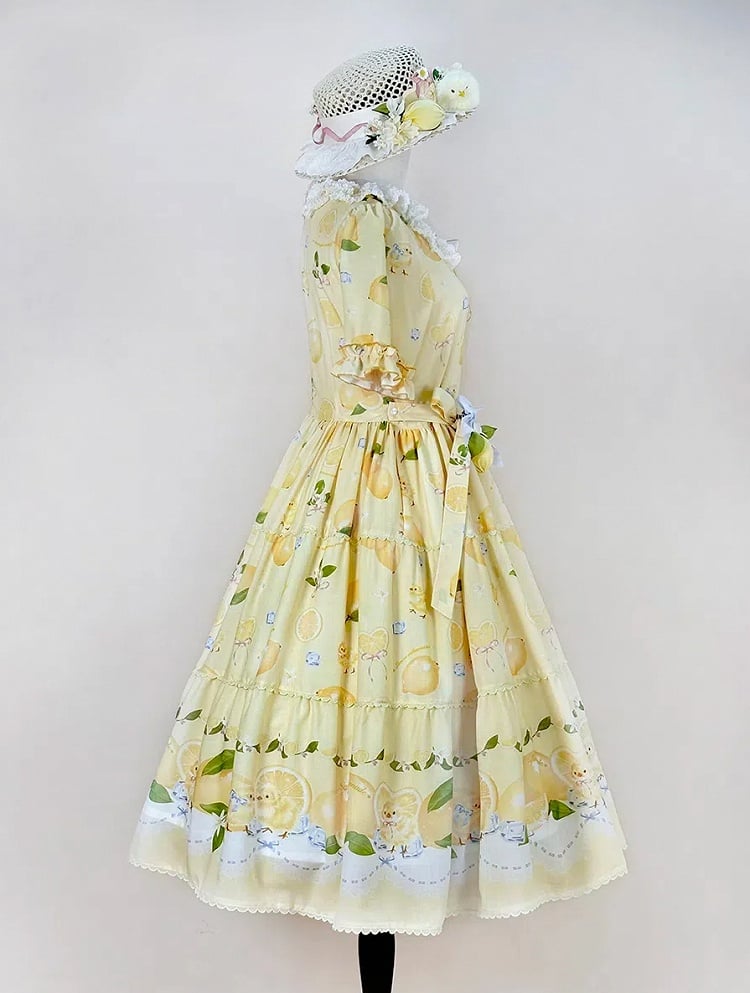 and Spring Chick Dress Sleeves Short Summer for Print Lolita Lemon Yellow
